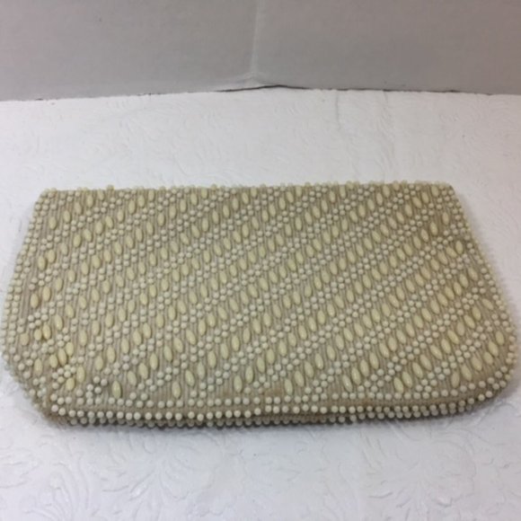 Vintage Le Jule Hong Kong Beaded Ivory Flap Over Pouch 7.5x4.5 - Picture 3 of 8